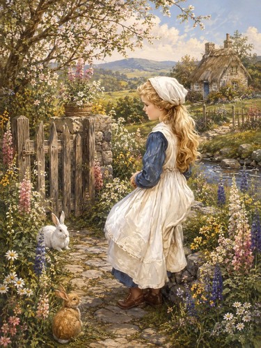 Fillette avec lapins jardin - lapins, au