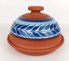 Terracotta Tajine Cooking Serving Pot Blue Enamel Lid 8" Diameter Moroccan
