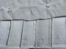 Antique Indochina Linen Service - Tablecloth and 12 Towels Embroidery Stork Crane