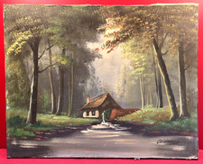 huile sur toile  signature à identifier, Moulin scierie en sous bois