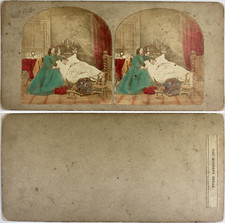 Child Sleeping in Bed, Vintage Albumen Print, ca.1880, Stereo Vintage Print