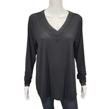 LOGO Layers by Lori Goldstein V- Neck Waffle Mesh Top Lace Trim Large Size Black