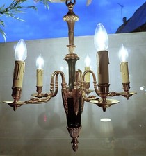 LUSTRE EN BRONZE DORE LAQUE VERT 5 FEUX SUSPENSION DE STYLE EMPIRE COL DE CYGNE