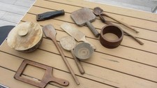 ANTIQUE LOT OF MOLDS, WOODEN SPOONS, CARVED, FOLK ART TOOLS.