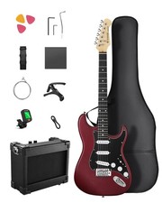 Donner DST-80 Electric Guitar SSS Pickups Wood Grain Design With Amplifier | Red