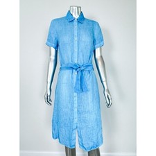 120% Lino Women’s Shirt Dress Linen Aqua Blue Collared Belted Sz 40 MINT