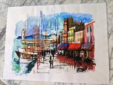TABLEAU ANCIEN PEINTURE MODERNE PORT BATEAU SIGNÉE RÉGIS BERNARD ??76X56CM