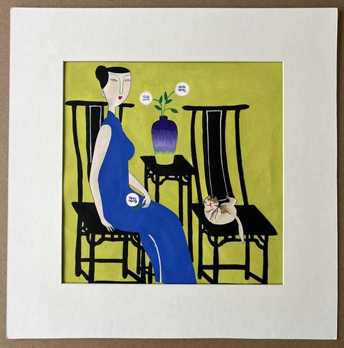 Peinture gouache femme - peinture, chat