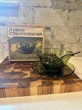3 Piece Mayonnaise Set Indiana Glass Green Retro Vintage  W Box