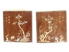 Paire panneaux décoratifs bois incrustations nacre Vietnam Indochine XIXème