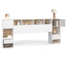 Tête de lit sur pied CAMPHA 240 cm avec chevets tiroir + placards + niches bois 