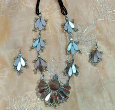 Ensemble miroir bijou indien collier long oxydé argent design Bollywood...