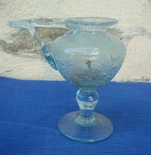 V72 Lampe à Huile Verre Soufflé Bullé Bleu Signée BIOT