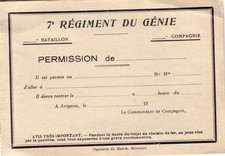 ETIQUETTE - DU 7e REGIMENT DU GENIE - PERMISSION DE ..... - NEUVE.