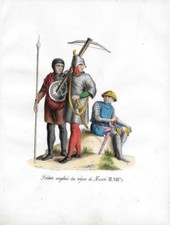 ORIGINAL WATERCOLOR 19th century costume medieval English soldiers from the reign of Henry III
