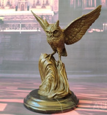 Owl Bronze Sculpture Statue Art Wings Signed Wisdom Marble Stone Deco J.B Rare