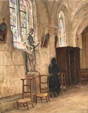Tableau HSP - SAINT et Scène d' Eglise - Signé - XXème - IMPRESSIONIST PAINTING