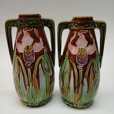 Vintage Pair Of Art Nouveau Vases With Raised Iris Design