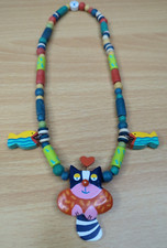 Vintage Signed Tatiri Fashion Hand Crafted Wooden Cat Tail Dangle Necklace RARE