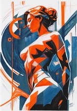modern woman illustration, original painting A3 acrylic work, pencil