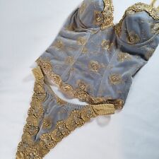 Victoria's Secret 34B Bustier Corset M Thong Blue Gold Embroidered Rose VTG