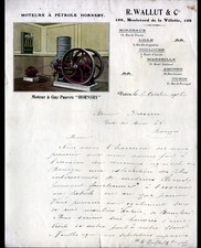 PARIS (XIX°) HORNSBY "R. WALLUT & Cie" oil & gas engines letter in 1908