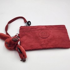 Kipling Wristlet Clutch Bag Red 7" x 4.5" w/ Monkey Keychain Rose Tag EUC
