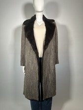 GERARD DAREL Coat Brown Fur Collar Cream Brown Tweed Mid Length FR 42 UK 14