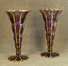 Superbe Paire Grands Vases Verre Anciens Cornet Tulipe Bohème Tchèque Art-Déco 