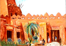 Ancien TABLEAU H/P  Scène ORIENTALISTE architecture traditionnelle Maroc 1931