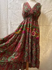 Robe longue S/M soie viscose imprimé floral cachemire indien fuchsia vert