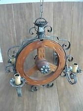 Wrought iron and wood 4 light wheel shaped chandelier