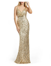  MAC DUGGAL SEQUIN GOLD SURPLICE NECK TRUMPET SKIRT W TRAIN DRESS GOWN 10