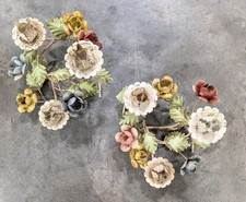 Vintage Pair Italian Tole Metal Flowers Triple Candle Holders Italy Hand Painted