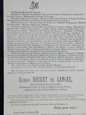 BARON DUCRET DE LANGES Dulong Rosnay FAIRE PART Quercize Contenson Lacaille 1905