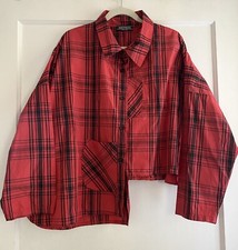 Transparente Black Label Plaid Check Asymmetrical Hem Button Down Blouse Top OS
