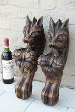 XXL Antique  PAIR oak wood carved hunting table dragon gothic legs figurines n1