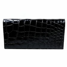 New Real Black Croc Leather Belly Skin Unisex Long Bi-fold Clutch Wallet Purse.