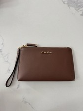 CALVIN KLEIN BROWN GOLD WRISTLET LARGE WALLET ZIPPER LOGO PURSE