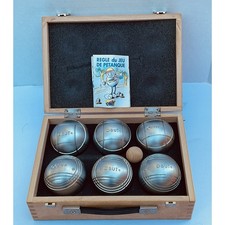 OBUT PETANQUE Bocce Boules 6 Metal 1 wood Ball Game Case Vintage Rules France