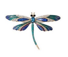 Broche bijou insecte libellule bleu et vert dominant, acier inoxydable.