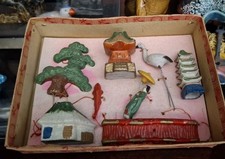 Vintage Old Aquarium Fishbowl Terrarium Ceramic Oriental Garden Ornament Set 50s