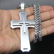 Huge Stainless Cross Men's Necklace Pendant Heavy Large Silver Polished 3 Layer