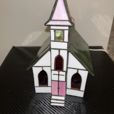Stained Glass Church Accent Light Table Lamp 8.25"  NO CRACKS/beautiful When Lit