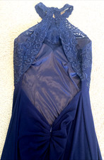 SHERRI HILL Pageant Prom Evening Gown Dress Sz 12 Open Back Blue Halter