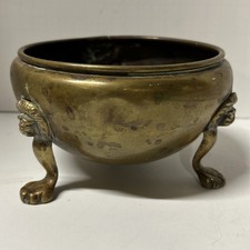 Antique Jardiniere Brass Claw Footed Planter w Lion Heads Small 6” X 3 1/2”