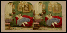 Woman sitting on a sofa in a living room, ca.1870, stereo watercolor print came