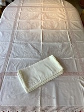 Antique linen Beautiful embroidered linen tablecloth + 12 towels, dim. 148 x 210 cm, VGC