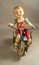 1930's Unique Art Kiddy Cyclist Wind Up Tricycle Litho Tin Toy Works