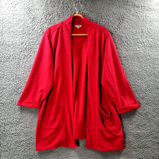 Damart Womens Cardigan Jacket Size 22 Red Stretch KNIT 3/4 Sleeve Open Front